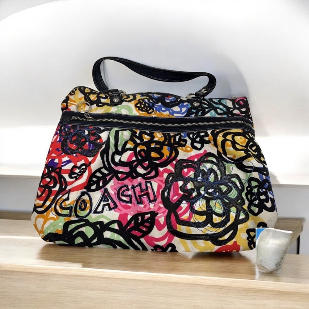 Coach Multi Color Poppy Graphic Blossom Canvas Appliqué Tote Bag Style 15591 - Picture 5 of 12